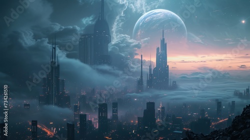 A giant planet in space and futuristic city with modern skyscraper buildings.