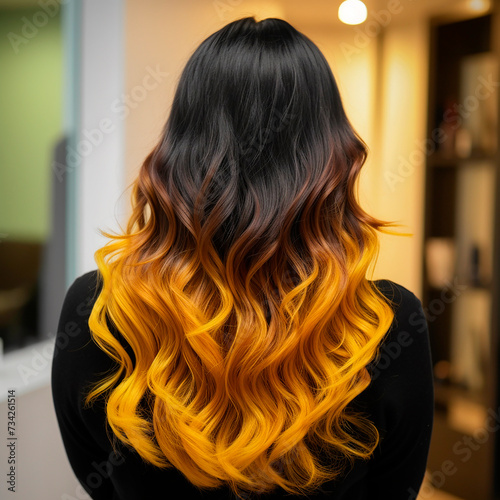 Ombre, long beautiful black hair dyed with yellow ombre, close-up, for advertising hairdressing and beauty salons