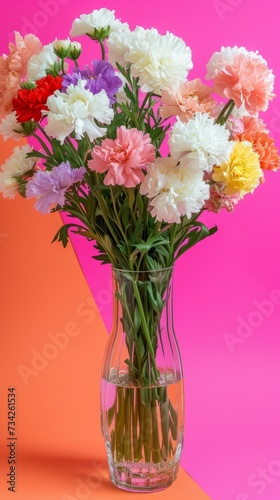 Beautiful bouquet of different flowers in glass vase on pastel multicolored background