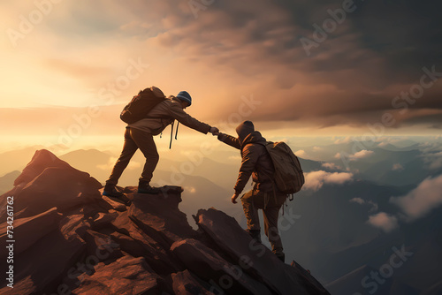 A silhouette of climber helps his friend climb top of the mountain