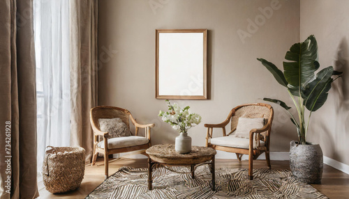 Mock up frame in home interior background, beige room with minimal decor