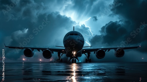 An airplane park at airport in thunder storm with lightning strikes.