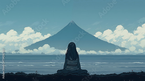 Girl sits facing a symmetrical mountain across a body of water  beneath a sky with soft clouds