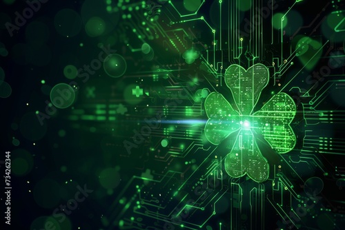 A radiant green shamrock superimposed on a complex circuit board, symbolizing St. Patrick's Day and the intersection with information technology