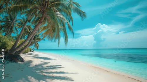  a painting of a tropical beach with a palm tree in the foreground and the ocean in the back ground. © Olga