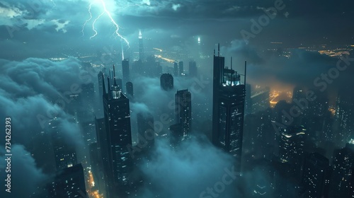 Lightning strike above a futuristic city with modern skyscraper buildings. photo