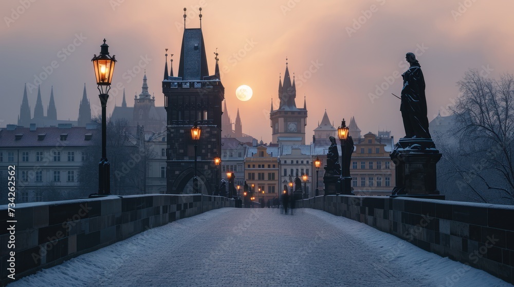 Naklejka premium Charles bridghe with beautiful historical buildings at sunrise in winter in Prague city in Czech Republic in Europe.