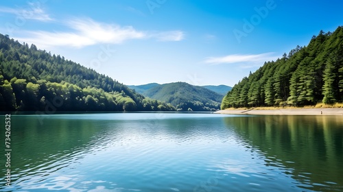 a serene lake nestled between rolling hills, reflecting the clear blue sky and surrounded by a dense forest, capturing the essence of untouched nature.