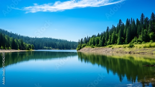 a serene lake nestled between rolling hills, reflecting the clear blue sky and surrounded by a dense forest, capturing the essence of untouched nature. © Love Mohammad