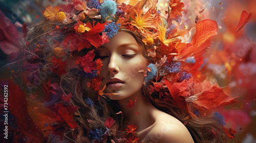 Woman with long hair and flower crown on her head. She is wearing dress  and overall composition of photo emphasizes beauty and vibrancy of flowers in her hair.