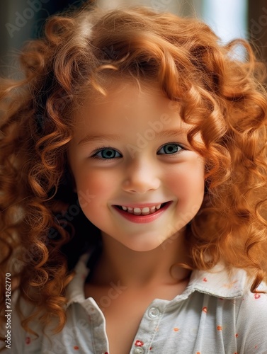 Little girl with curly red hair smiling for the camera.