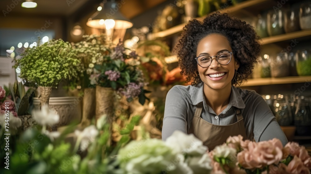 Smiling black woman in a flower shop. Smiling black woman in a flower shop.