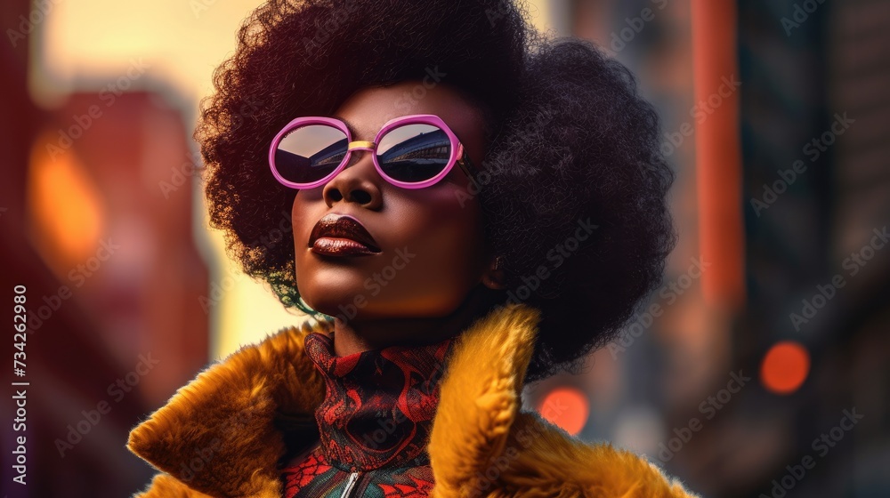 Woman with an afro wearing sunglasses and a fur coat. Woman with an afro wearing sunglasses and a fur coat.