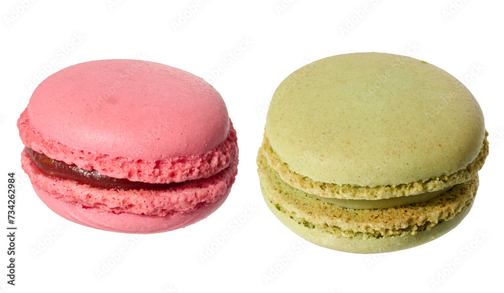 Raspberry and pistachio macaron on isolated background Raspberry and pistachio macaron on isolated background