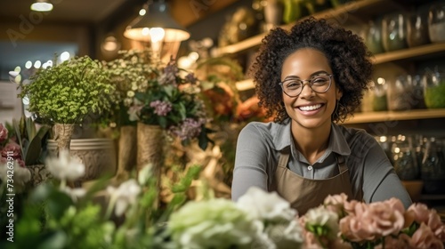Smiling black woman in a flower shop. © Tamazina
