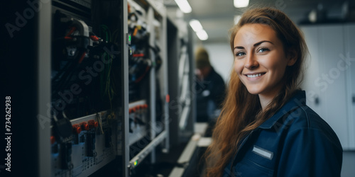 Elektronikerin an ihrem Arbeitsplatz lächelt in die Kamera
