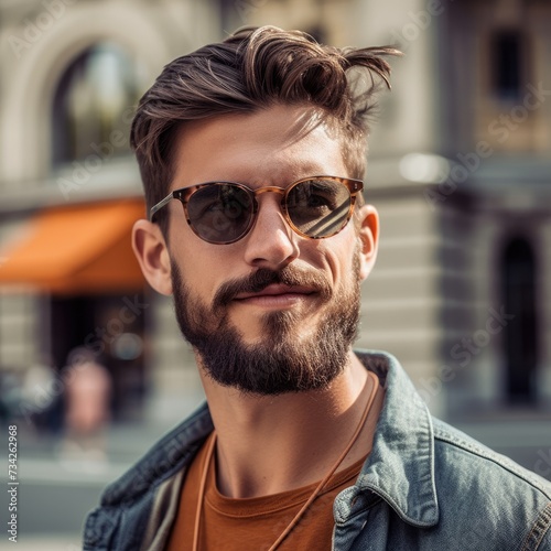 Man with a beard and sunglasses on the street.