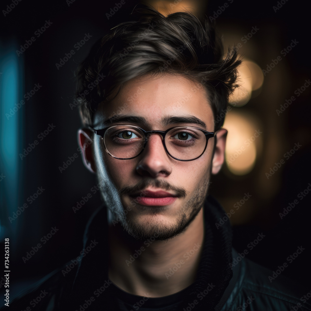 Man is wearing glasses and black shirt, with his hair styled up. He has serious expression on his face as he looks into camera. Man is wearing glasses and black shirt, with his hair styled up. He has serious expression on his face as he looks into camera.