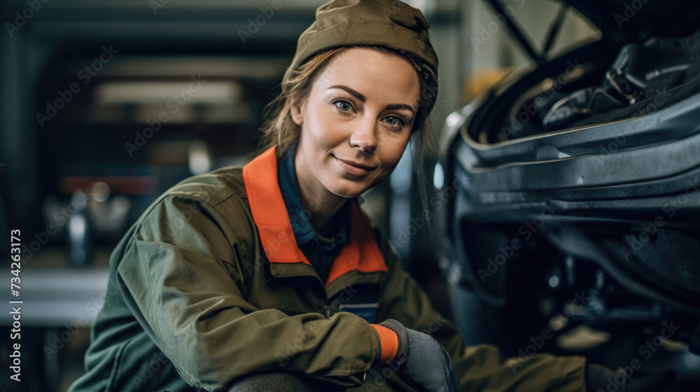 Woman is kneeling down and looking at an engine of car. Woman is kneeling down and looking at an engine of car.