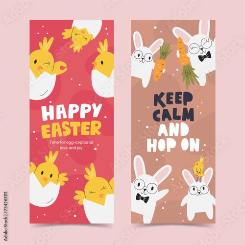 Happy Easter banner design with various chicks. Vertical flyer template concept with funny bunny personages. Easter handwritten cute lettering. Animal character hand drawn flat vector illustration