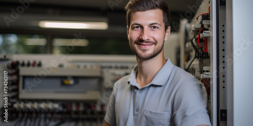 Elektroniker an seinem Arbeitsplatz lächelt in die Kamera