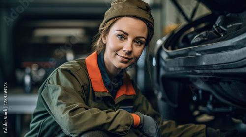 Woman is kneeling down and looking at an engine of car.