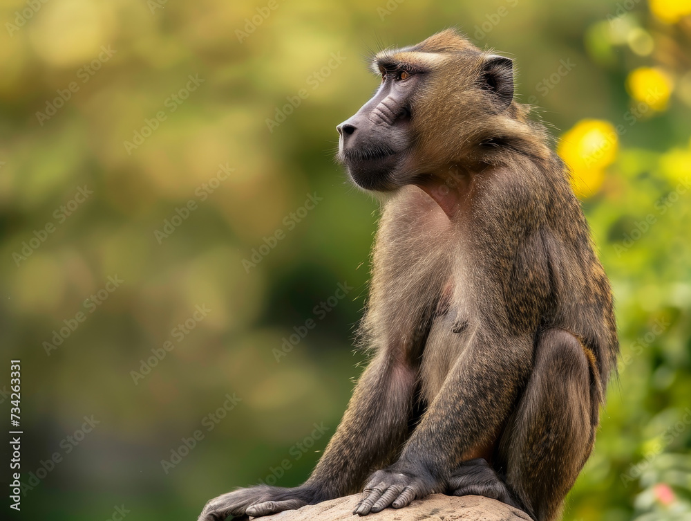 A baboon sits thoughtfully in the grass, bathed in the warm sunset light.