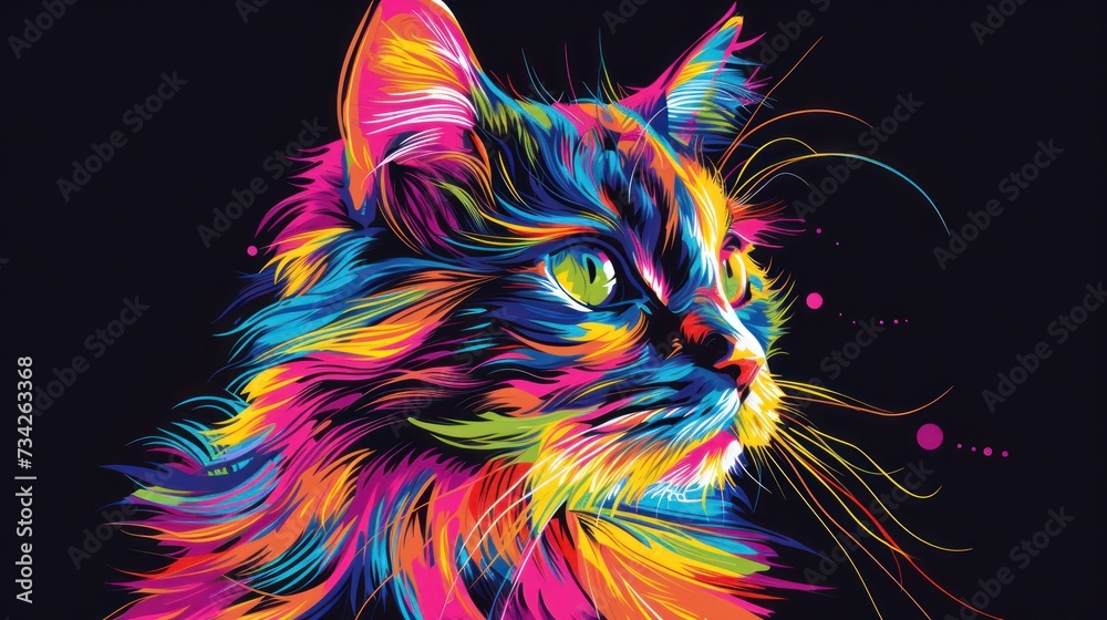  a multicolored cat's face is shown on a black background, with a black background behind it.