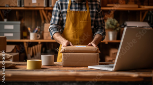 man in a blue shirt working on a laptop with a cup of coffee and stacked cardboard boxes on a table, indicating a small business or home office setting. © MP Studio