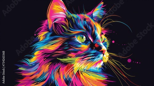  a multicolored cat's face is shown on a black background, with a black background behind it. © Olga