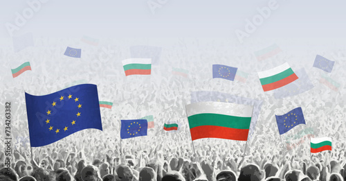 Crowd with flag of European Union and Bulgaria, people of Bulgaria with flag of EU.