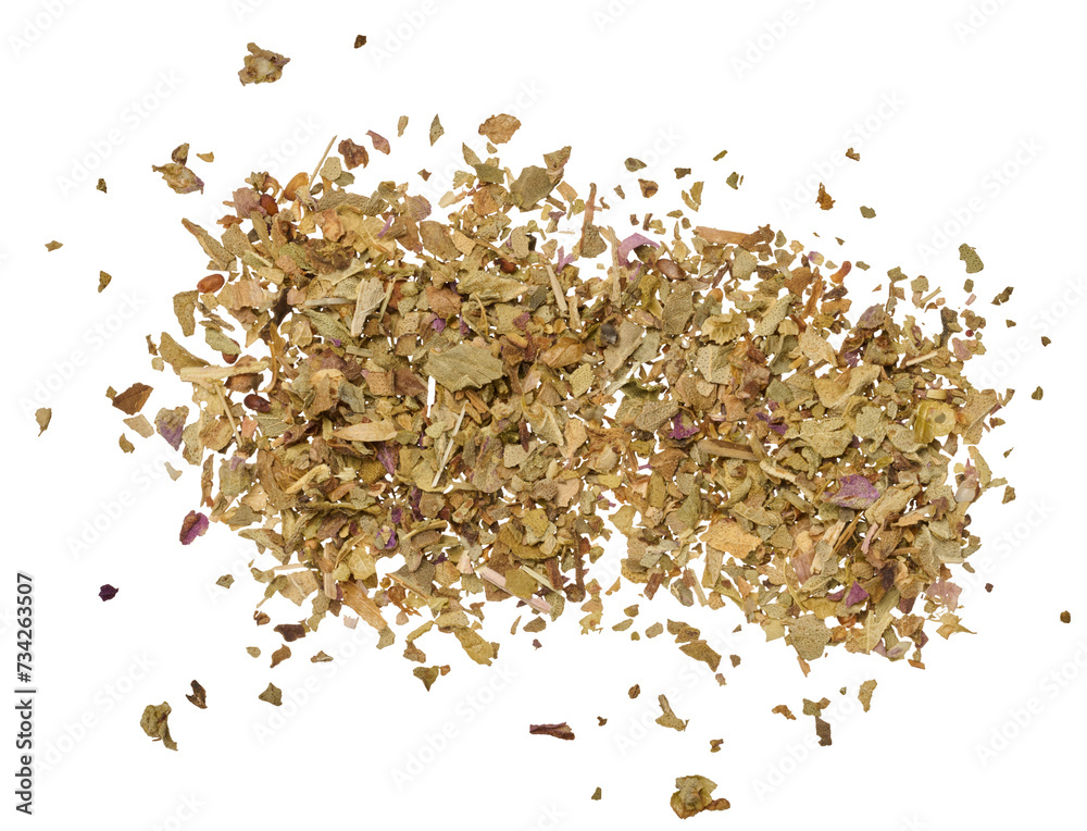 Crushed dry basil leaves on isolated background Crushed dry basil leaves on isolated background