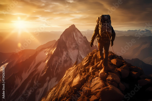 silhouette of a hiker on a mountain top at sunrise with copy space