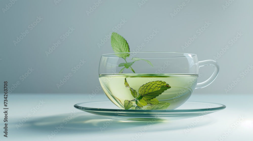 Transparent glass cup filled with clear liquid and green mint leaves Transparent glass cup filled with clear liquid and green mint leaves