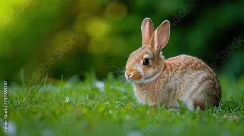  a brown rabbit sitting on top of a lush green grass covered field with a forest in the backgroud.