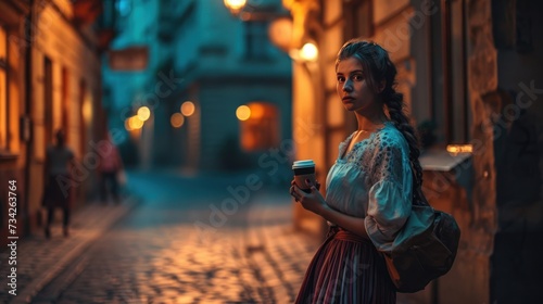 Beautiful lady with a coffee cup in night street with historic buildings in the city of Prague, Czech Republic in Europe.