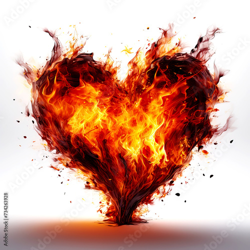 Fire heart isolated on white background. Flame symbol of love, intense emotions, passion. Gift for Valentine's Day