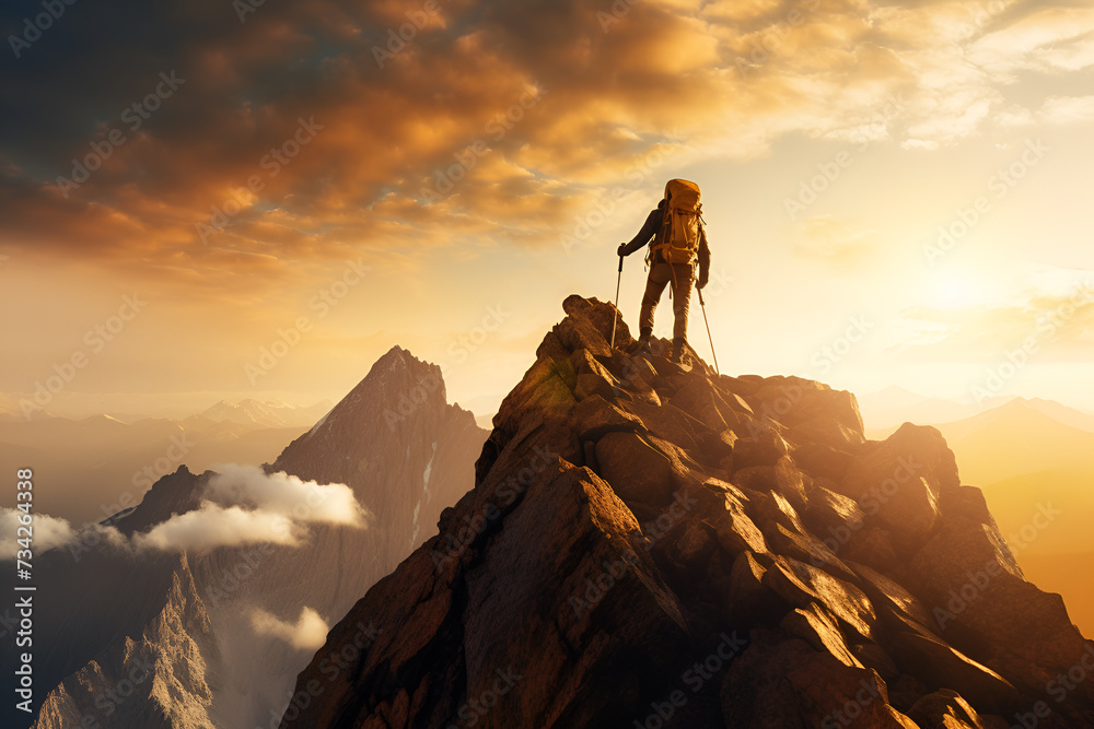Naklejka premium silhouette of a person with backpack on a mountain top