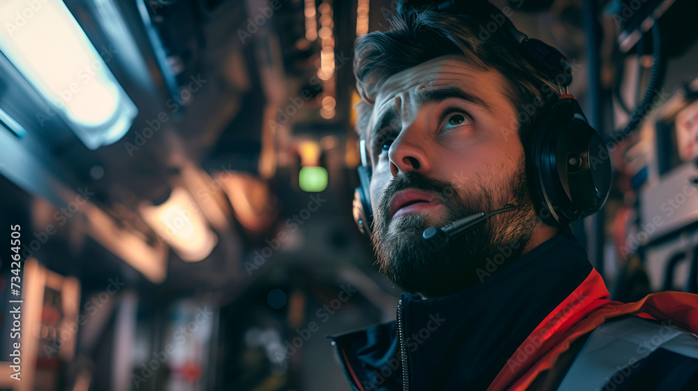 Focused paramedic in rescue unit, attentive to overhead alert, equipped with communication headset. Focused paramedic in rescue unit, attentive to overhead alert, equipped with communication headset.