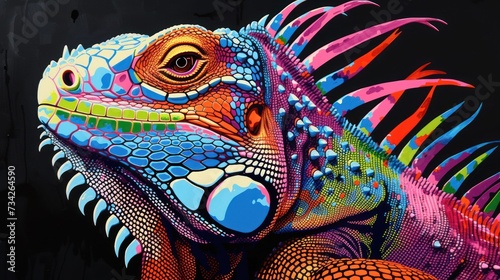  a close up of a colorful iguana on a black background with an orange  yellow  pink  green  and blue color scheme.