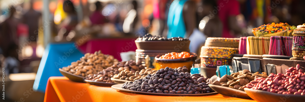 Vibrant Display of Ethically-Sourced Fair Trade Products in a Bustling Outdoor Market
