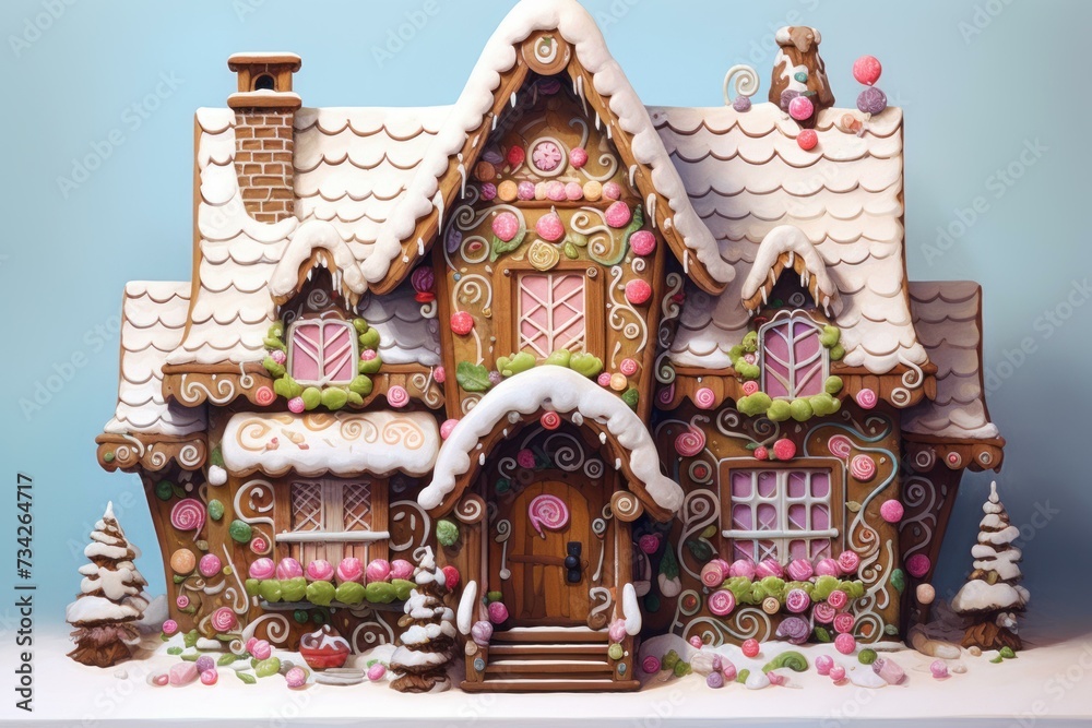 Aromatic Gingerbread winter snow house at sunset. Fantasy New Year holiday. Generate Ai