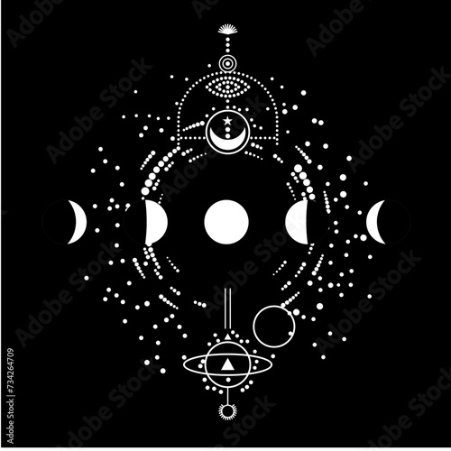 T-shirt design for moon phases on a black background and abstract figures.