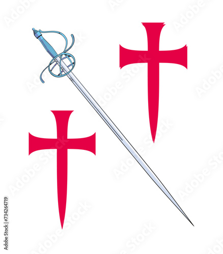 T-shirt design of two large medieval crosses next to an ancient inclined sword. Illustration for cavalry themes.