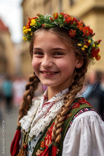 A beautiful girl in traditional Czech clothing in street with historic buildings in the city of Prague, Czech Republic in Europe.