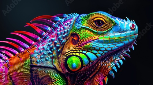  a close up of an iguana s head and neck with multicolored patterns on a black background.