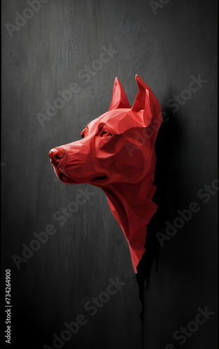 Smooth black wall resembling a sheet of paper, only shapes reminiscent of red puppy  stand out, delicate lines, no frames, very elegant and graceful, perfect light., dark fantasy, product, movi photo