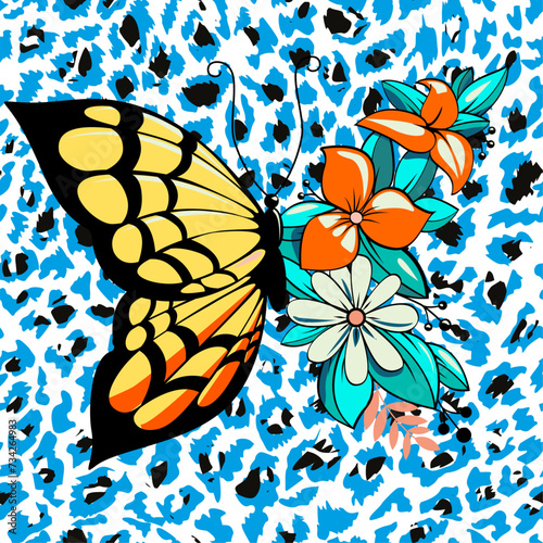 t-shirt design of a butterfly mixed with flowers. Seamless pattern of orange leopard print.