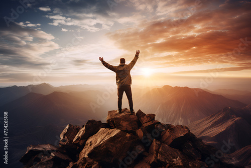 Man on the top of mountain spreading hands, celebrating success and achievements, sunrise time with copy space