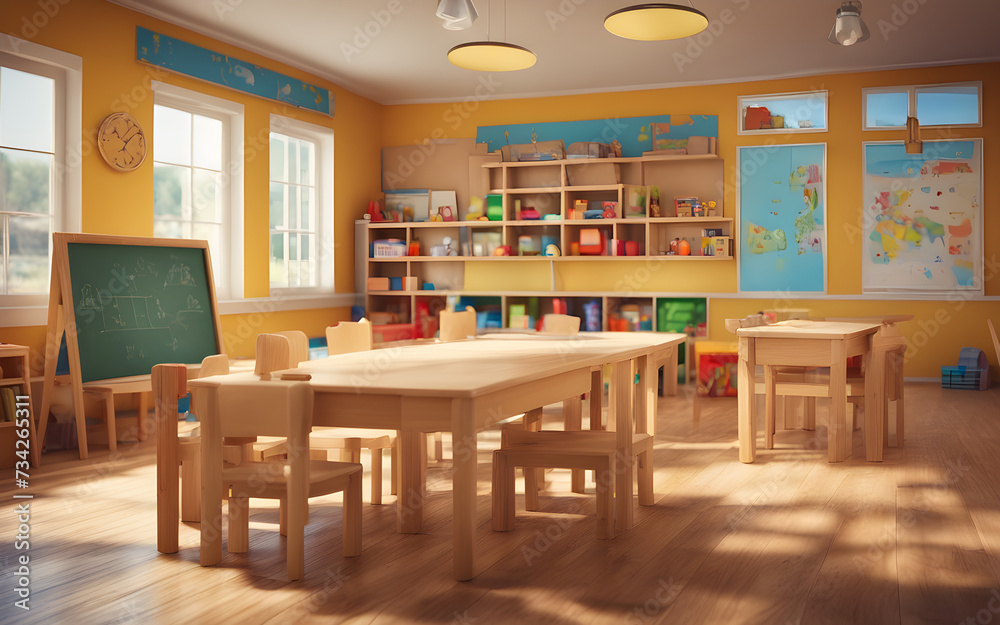 Kindergarten classroom interior with wooden furniture, educational material, wooden educational toys, defocused background